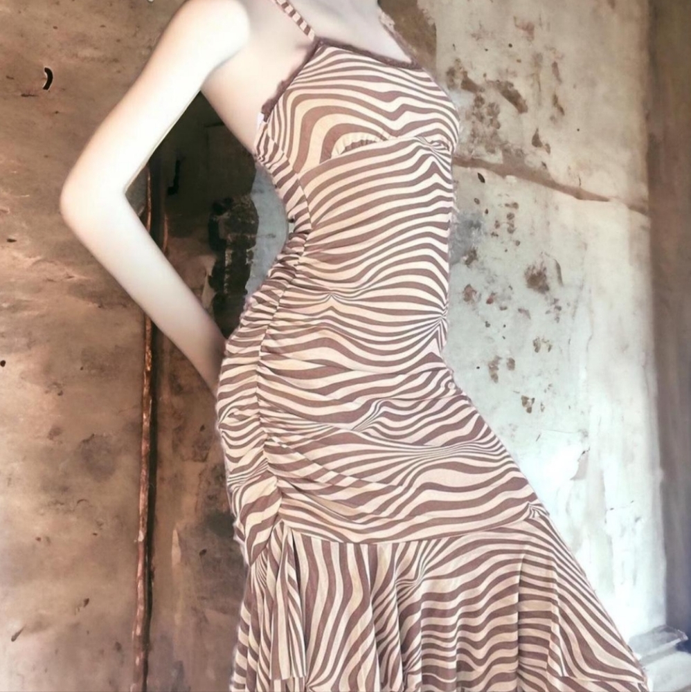 Wild Fable Size Medium Sleeveless Ruched Bodycon Mesh Striped Brown‎ Dress NWT